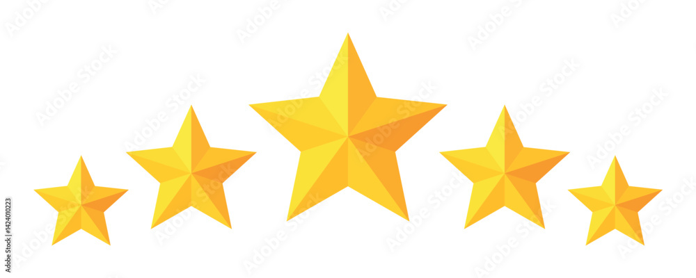 Five stars rating button vector illustration. Set of five yellow stars representing customer feedback and product evaluation. Flat design style on isolated white background Five stars rating button vector illustration. Set of five yellow stars representing customer feedback and product evaluation. Flat design style on isolated white background