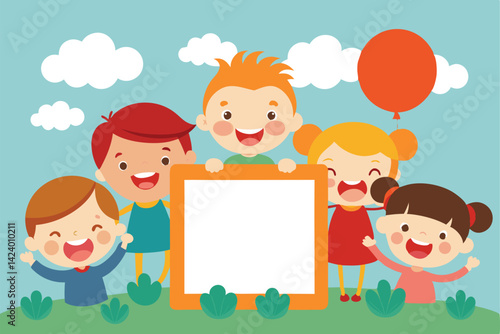 Happy Diverse Children Group Holding on Sky Background Cartoon