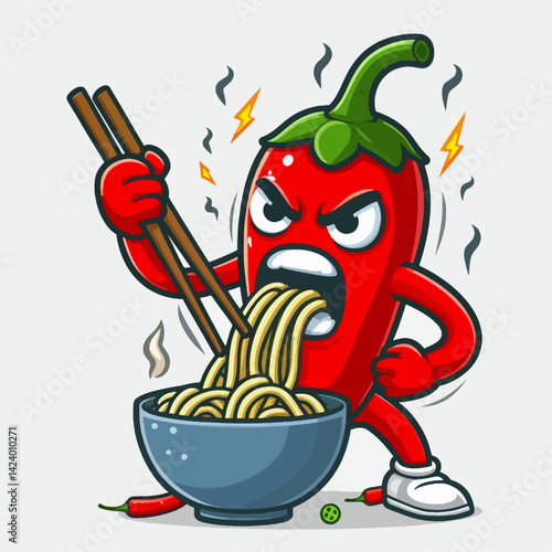 A cartoon chili pepper, with angry expression, grabs noodles with chopsticks, from a bowl.