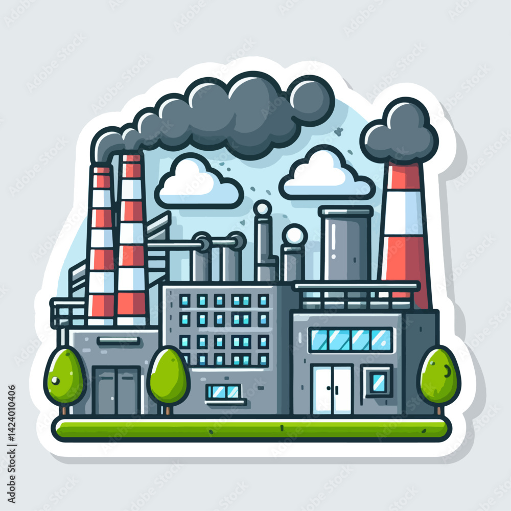 Naklejka premium A cartoonish depiction of a factory with multiple smokestacks, representing pollution and its impact on the environment.