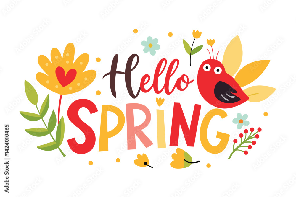 Naklejka premium Hello Spring Text with Red Bird and Yellow Flowers on a White Background