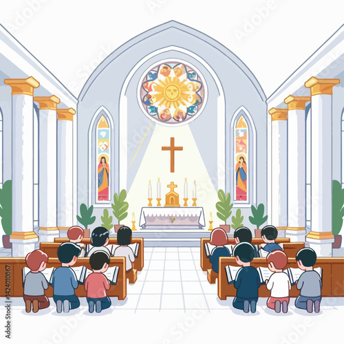 A colorful illustration depicting a church interior with children respectfully kneeling in prayer.