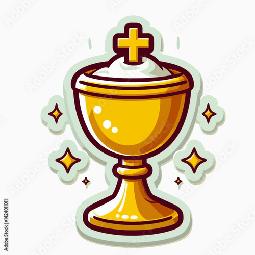 A cartoon illustration of a gold-colored chalice, a religious symbol used in Christian ceremonies.