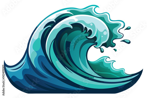 Illustrated Large Ocean Wave Cresting with Water Droplets on White Backdrop