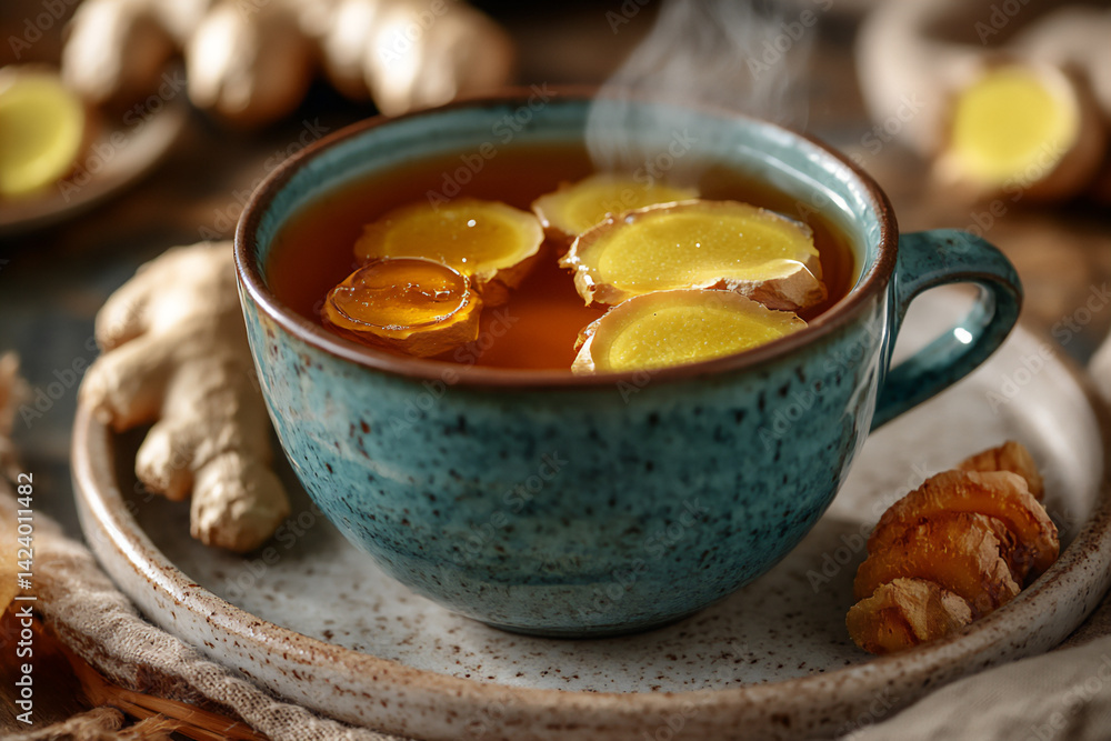 herbal tea with ginger and honey on a ceramic tray (wellness), herbal tea with ginger and honey on a ceramic tray (wellness),