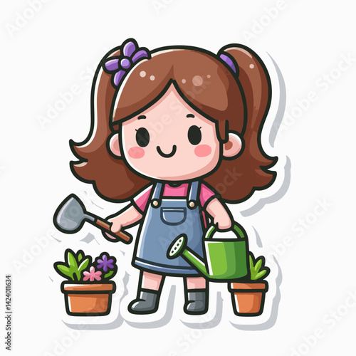 A stylized cartoon girl tending potted plants, depicted with a watering can and shovel.