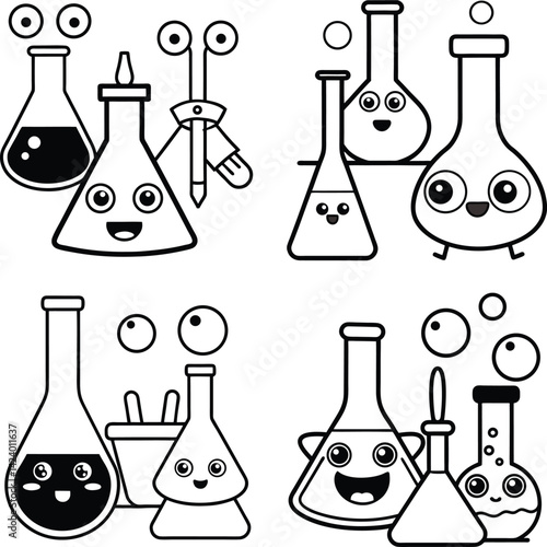 Chemistry beakers and flasks with cute faces black and white cartoon illustration