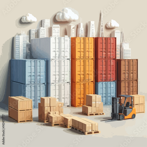 Shipping containers, various sizes and colors, with accompanying cargo boxes and a forklift, all against a backdrop of miniature city buildings.