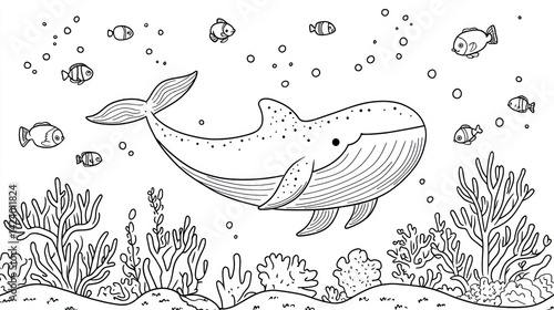 Undersea whale coloring page, ocean animals, coral reef, kids activity