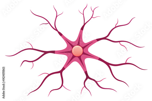 Neuron Cell on White Background with Pink Dendrites and a Circular Nucleus