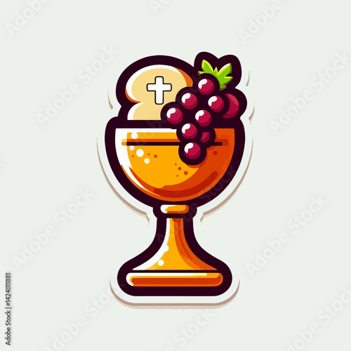 A stylized illustration of a golden chalice, containing bread and grapes, representing the Eucharist.