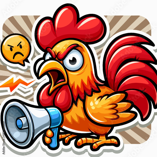 A cartoon rooster with a megaphone, conveying anger and aggression.