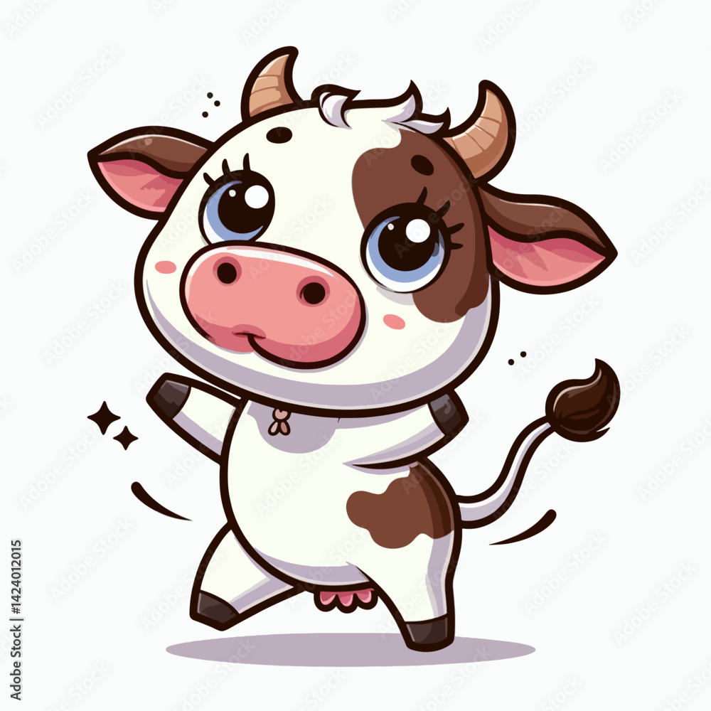 Fototapeta premium A cartoon depiction of a dancing cow, showcasing its playful and charming personality.