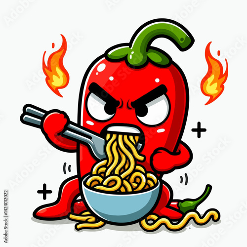 A cartoon chili pepper character, with an angry expression,  is depicted devouring a bowl of noodles.