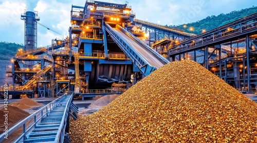 Panoramic view of a coal mining site at dusk featuring industrial machinery
