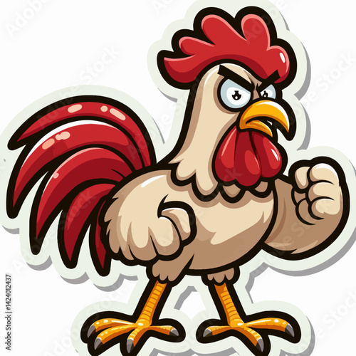 A cartoon rendering of an angry rooster, positioned in a confrontational stance, perfect for humorous or angry depictions.