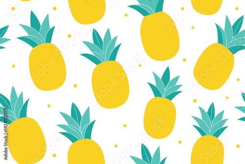 Pineapple Pattern on White, Seamless Yellow Fruits with Aqua Leaves Backdrop