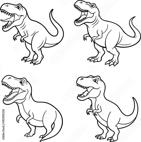 Cartoon tyrannosaurus rex dinosaurs vector illustration set outlined