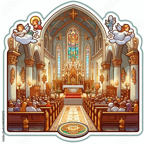 A detailed illustration depicting a crowded cathedral interior, showcasing the architecture and atmosphere of worship.