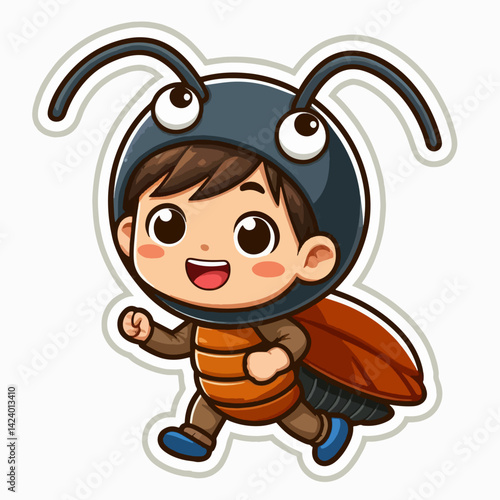 A child in an ant costume, depicted as a cartoon character, running and smiling.
