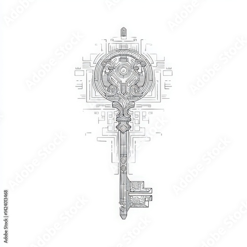 Intricate line art key illustration with geometric details, symbolizing mystery and access. Perfect for posters, book covers, and tattoo designs.