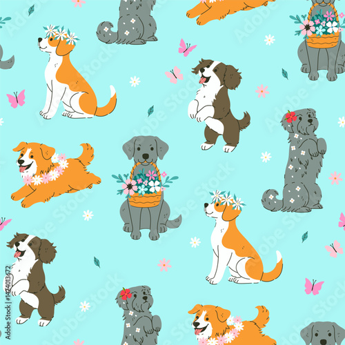 Seamless pattern with cute summer dogs and flowers. Vector graphics
