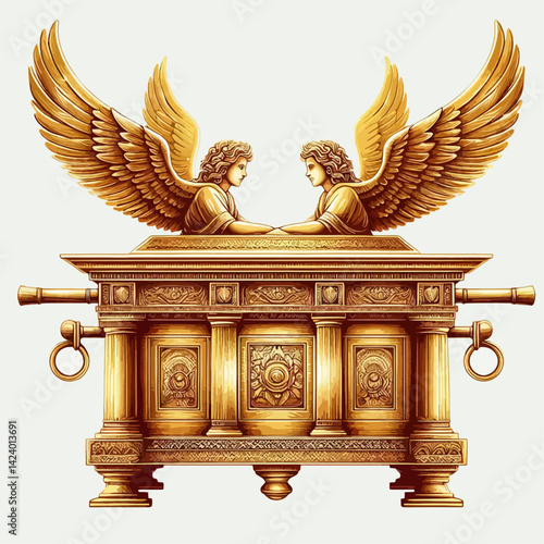 A gilded ark of the covenant, centrally displayed with two angelic figures.