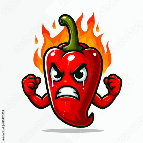 A stylized cartoon chili pepper with a fiery expression, conveying anger and heat.