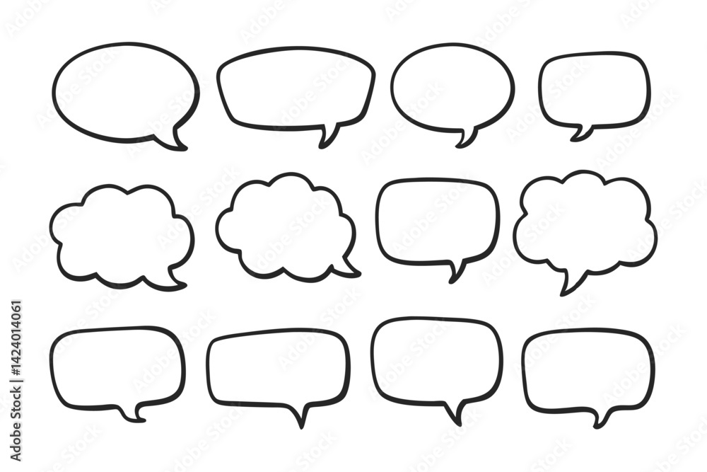 Seamless Pattern of Hand Drawn Speech Bubbles on White Background, Message Icons