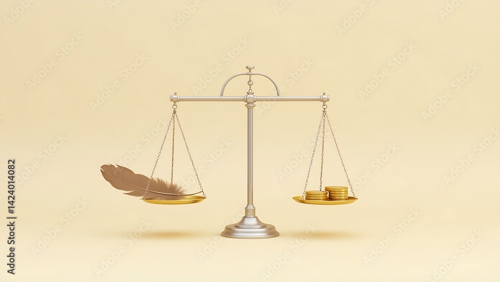 A minimalist photo of a balance scale with a feather on one pan and gold coins on the other, symbolizing contrast between lightness and value against a beige background. A minimalist photo of a balance scale with a feather on one pan and gold coins on the other, symbolizing contrast between lightness and value against a beige background.