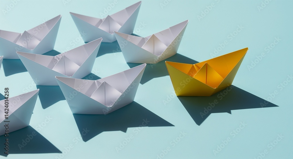 The origami boats are intricately folded and vary slightly in their positioning, with the yellow boat situated at the front right, while the white boats are scattered around it The origami boats are intricately folded and vary slightly in their positioning, with the yellow boat situated at the front right, while the white boats are scattered around it