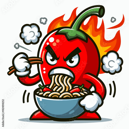 A cartoon chili pepper character with an angry expression is devouring a bowl of noodles.