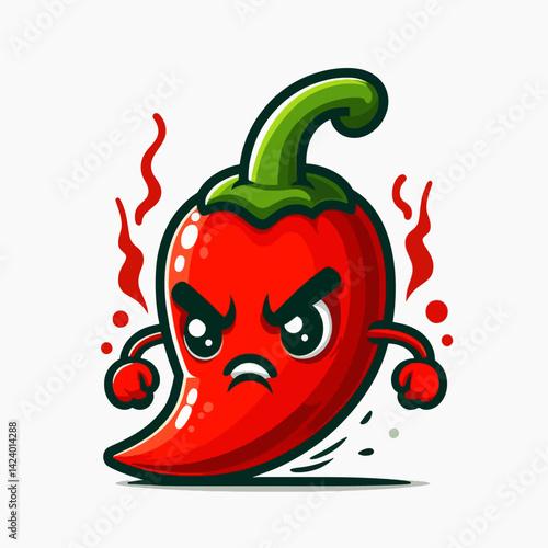 A stylized, cartoon chili pepper, depicted with an angry face and posture, is illustrated with fiery effects.
