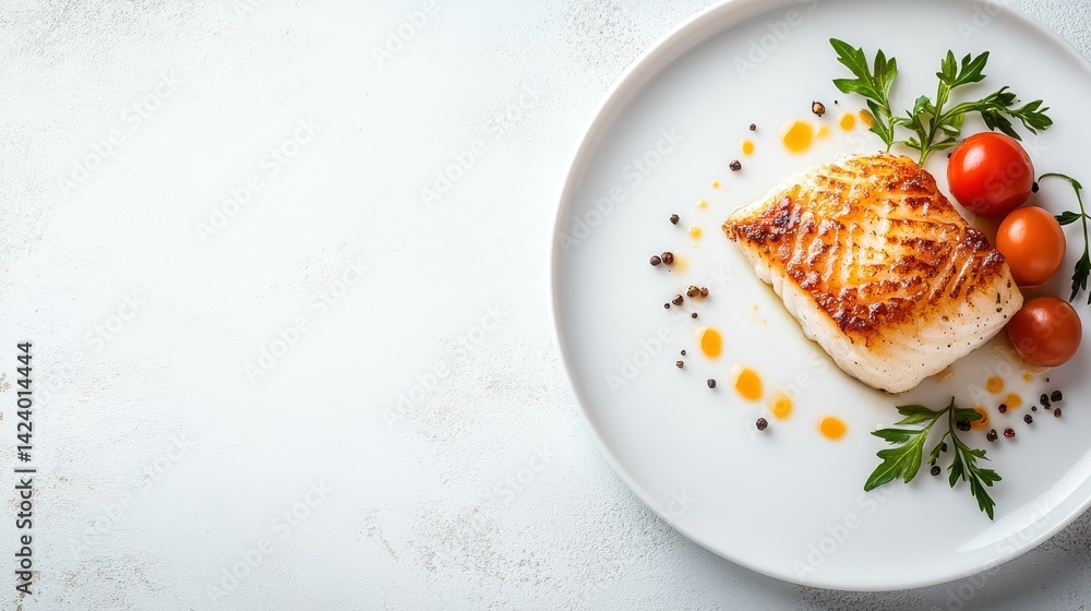 This image features a grilled fish fillet artfully arranged on a white plate, highlighting the vibrant colors of cherry tomatoes and the rich textures of culinary spices. This image features a grilled fish fillet artfully arranged on a white plate, highlighting the vibrant colors of cherry tomatoes and the rich textures of culinary spices.