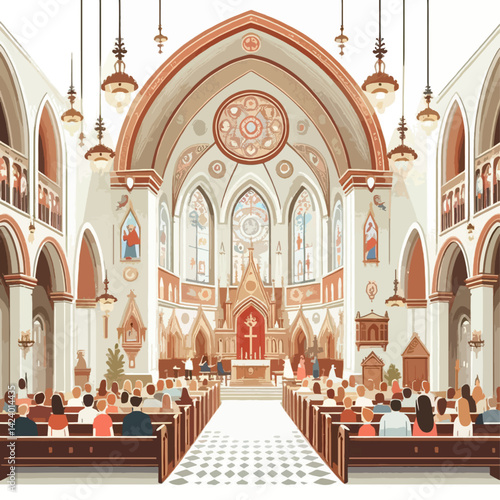 A detailed illustration of a grand cathedral interior, showcasing a large congregation, stained glass windows and elaborate architectural elements.
