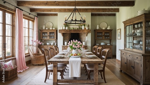 Soft pastels and rustic woods celebrate the dining room in spring