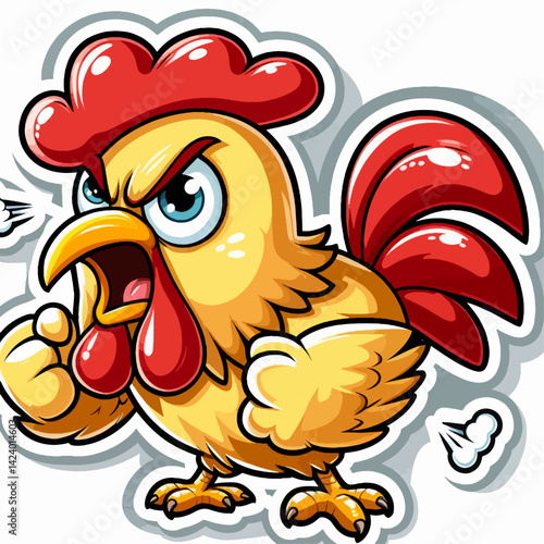 A cartoon rooster with an angry expression, characterized by bright colors and exaggerated features.