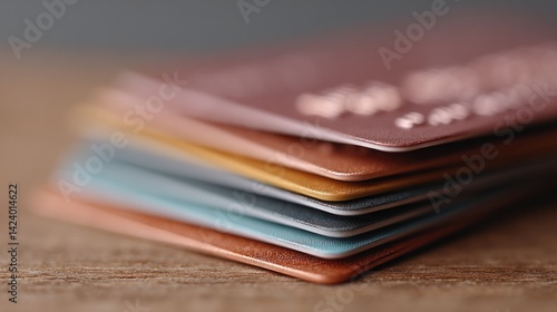 close-up shot of stack of credit cards scattered on minimalist wooden desk showcasing colorful array of cards with
