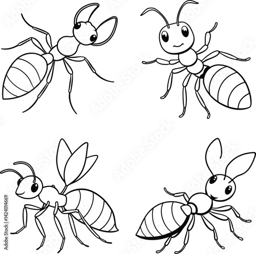 Four cartoon ants illustrations with different antennas and poses isolated on white