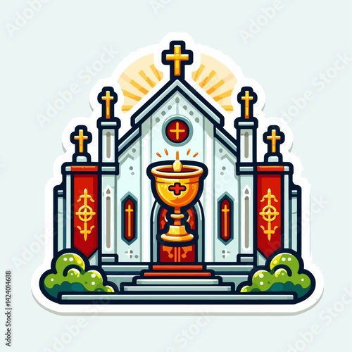 A stylized depiction of a religious building, featuring a chalice,  and decorative elements.