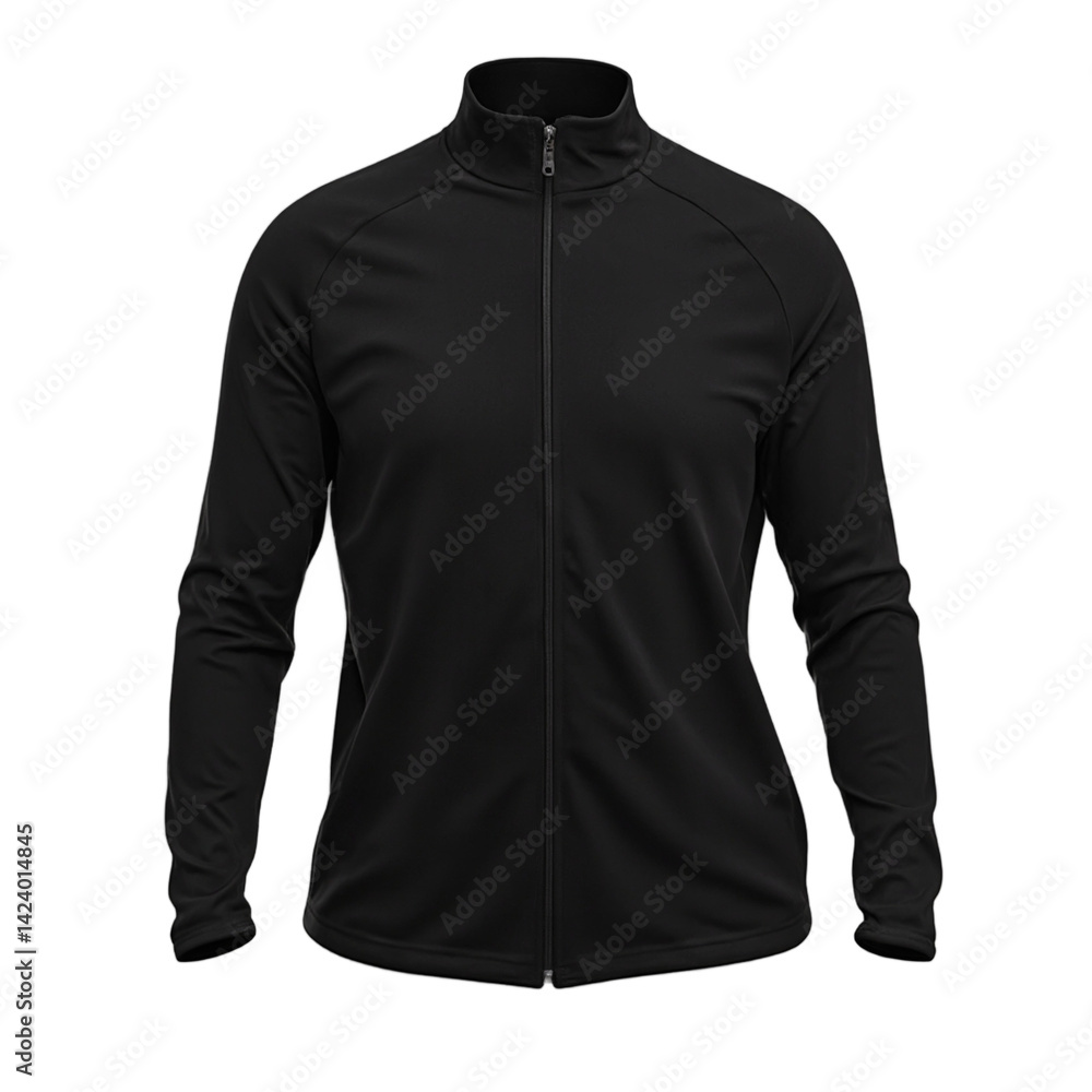Isolated black zip up athletic jacket on white background