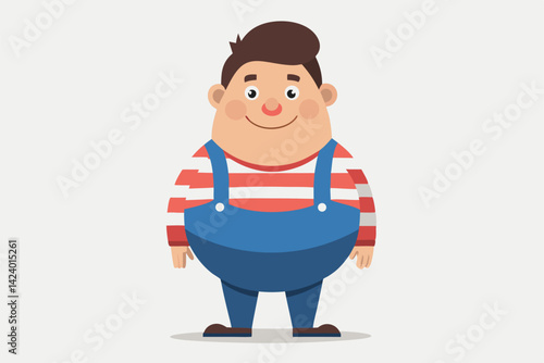 Smiling Caucasian Boy Standing in Blue Overalls and Red Striped Shirt