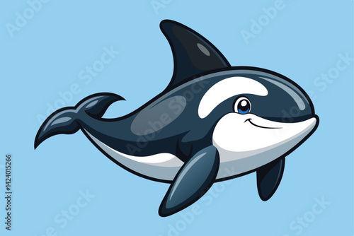 Smiling Cartoon Orca Whale on Light Blue Background Swimming happily