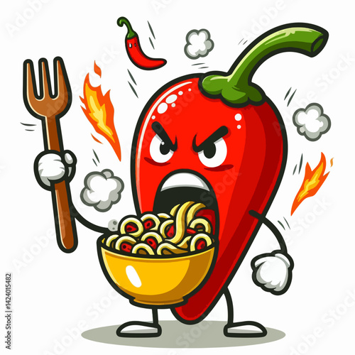 A cartoon chili pepper, with an angry expression, is shown devouring a bowl of spaghetti.