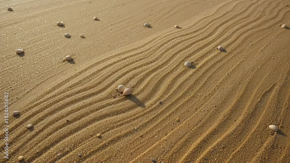 Golden sand texture with ripple patterns and scattered seashells at coastal landscape Golden sand texture with ripple patterns and scattered seashells at coastal landscape