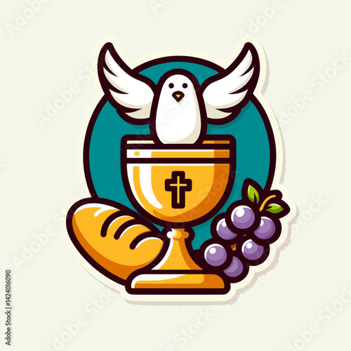 A stylized image of a chalice, bread, grapes, and dove, representing the Christian sacrament of Holy Communion.