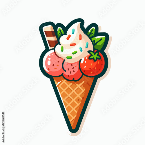 A cartoon drawing of a strawberry ice cream cone, with whipped cream, sprinkles, and fruit.