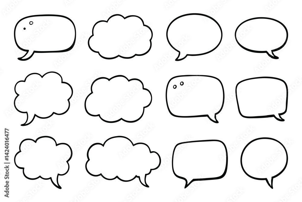 Twelve Diverse HandDrawn Speech Bubbles with Thick Black Outlines on White Twelve Diverse HandDrawn Speech Bubbles with Thick Black Outlines on White