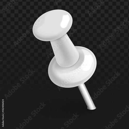 white push pin at a slight angle against a transparent dark checkered background. You can clearly see the rounded head, the shaft, and the flat base designed to hold it in place.