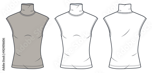  Turtleneck Top Technical Fashion Illustration. Sleeveless Top fashion flat technical drawing template, front and back view, white, brown, women, men, unisex CAD mockup set.